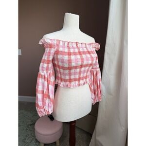 Suboo Pink Gingham Off-Shoulder Smocked Cropped Blouse Balloon Sleeve 4US S